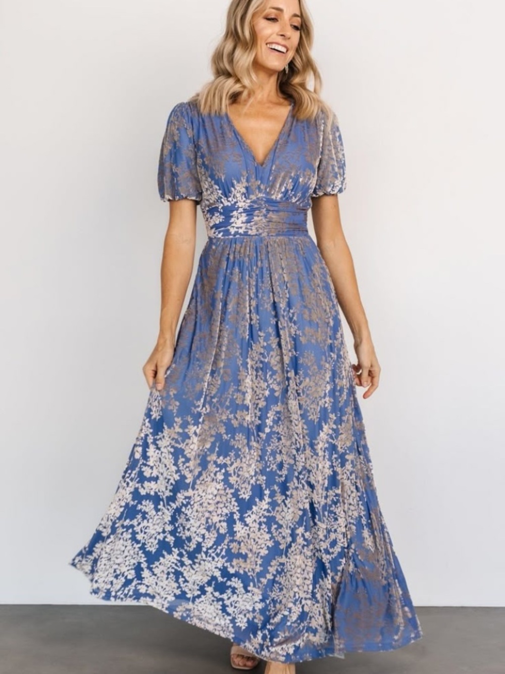 Baltic Born Leslie Velvet Blue Silver Embossed Floral Maxi Dress Size 1X
